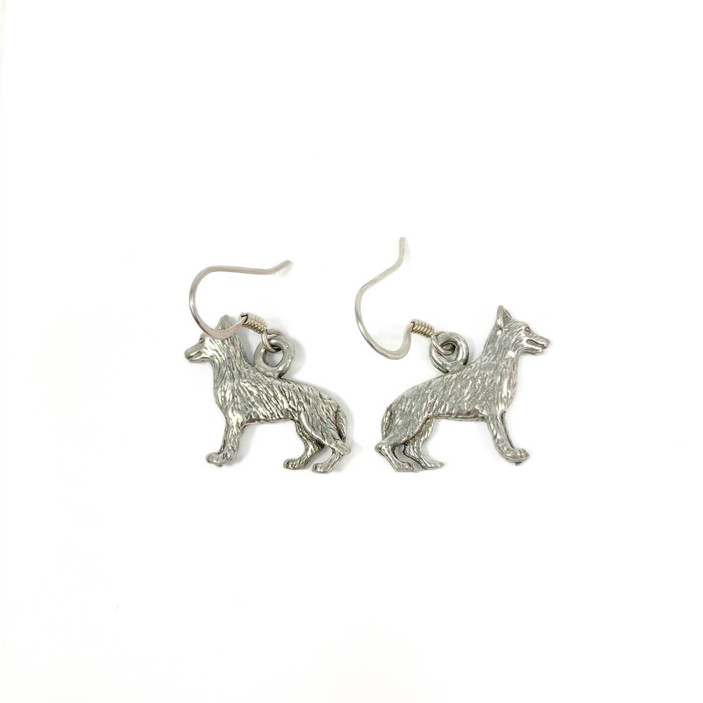 German Shepherd mirrored pair of all silver tone Charm Earrings & Fishhook backs